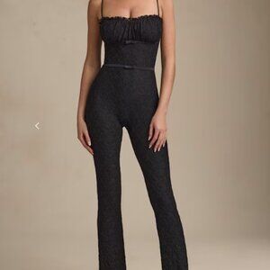 Bow-Detail Lace Flared Jumpsuit in Black